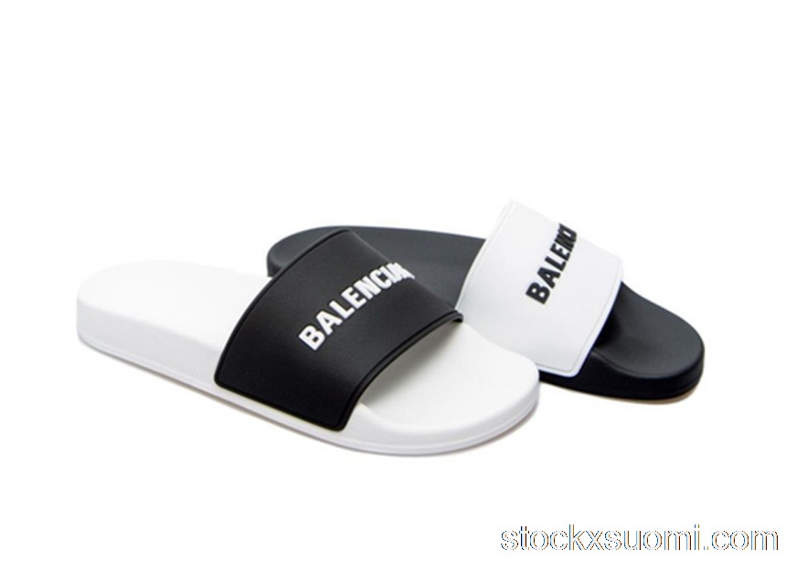 Outlet Balenciaga Pool Slides Logo White Black Alternate 565826W1S889010