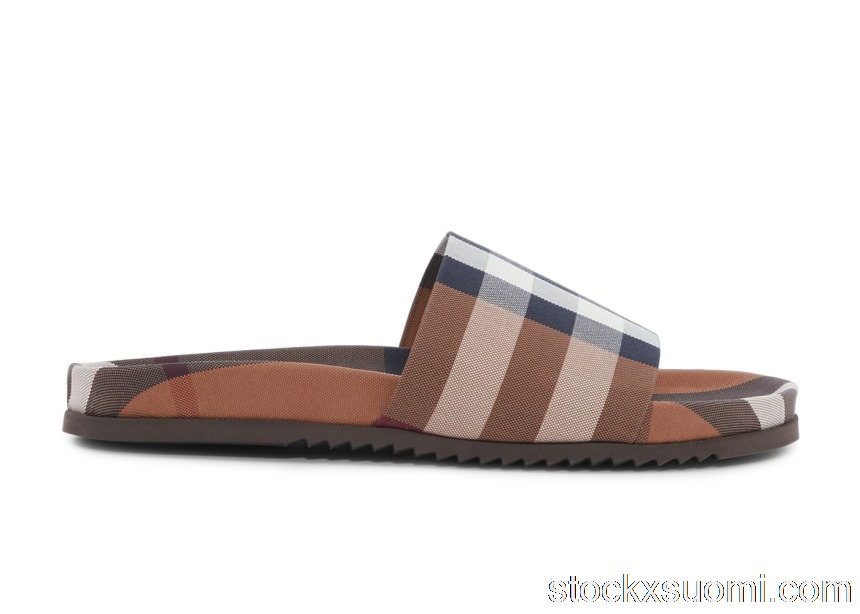 Outlet Burberry Check Cotton Slides Birch Brown 8049018