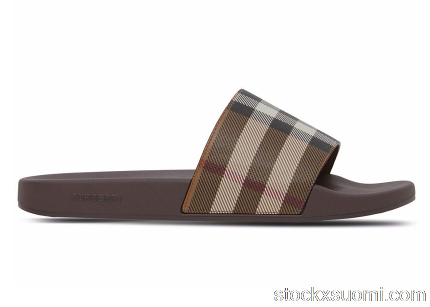Outlet Burberry Check Print Slides Dark Birch Brown 8048195